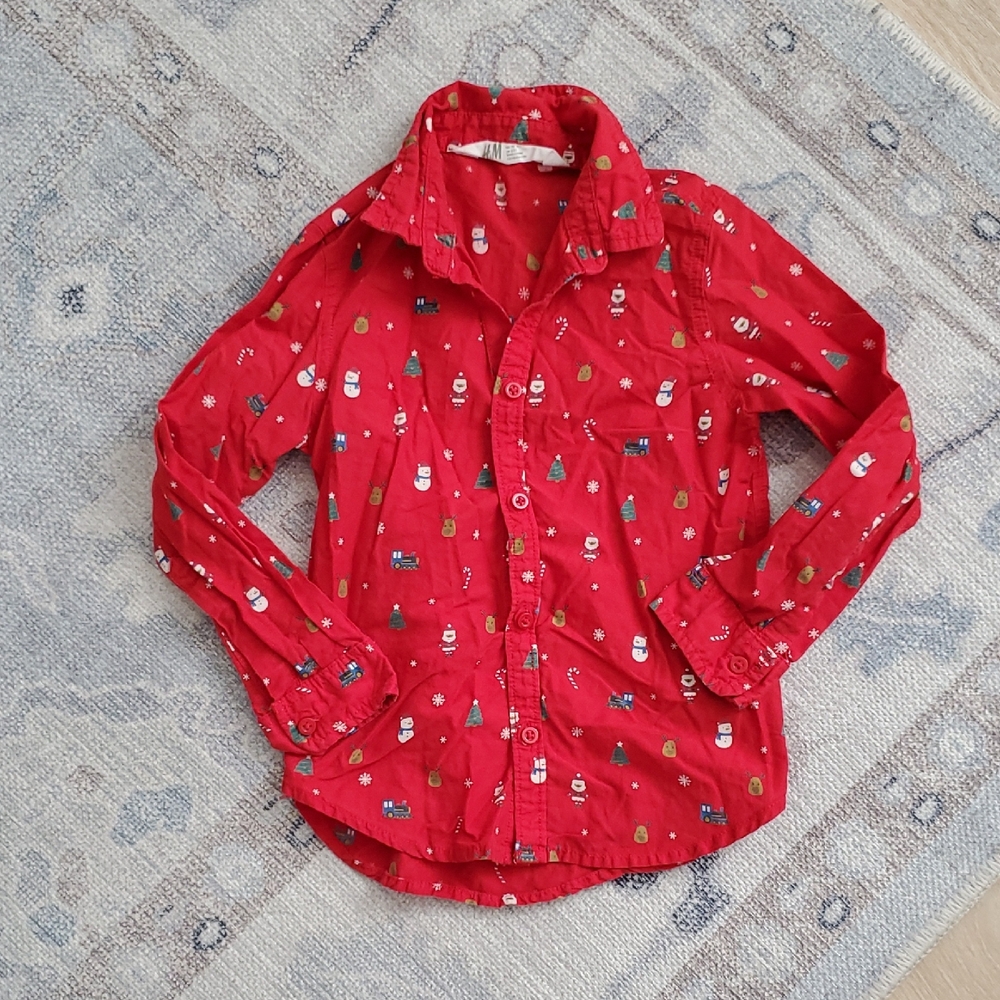 H&M Boys Red Christmas Button-up Dress Shirt Santa Snowman Sz4-5y